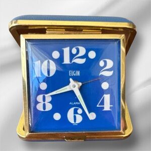 Vintage Elgin Folding Travel Alarm Clock Blue Gold Wind Up Analog Portable Japan